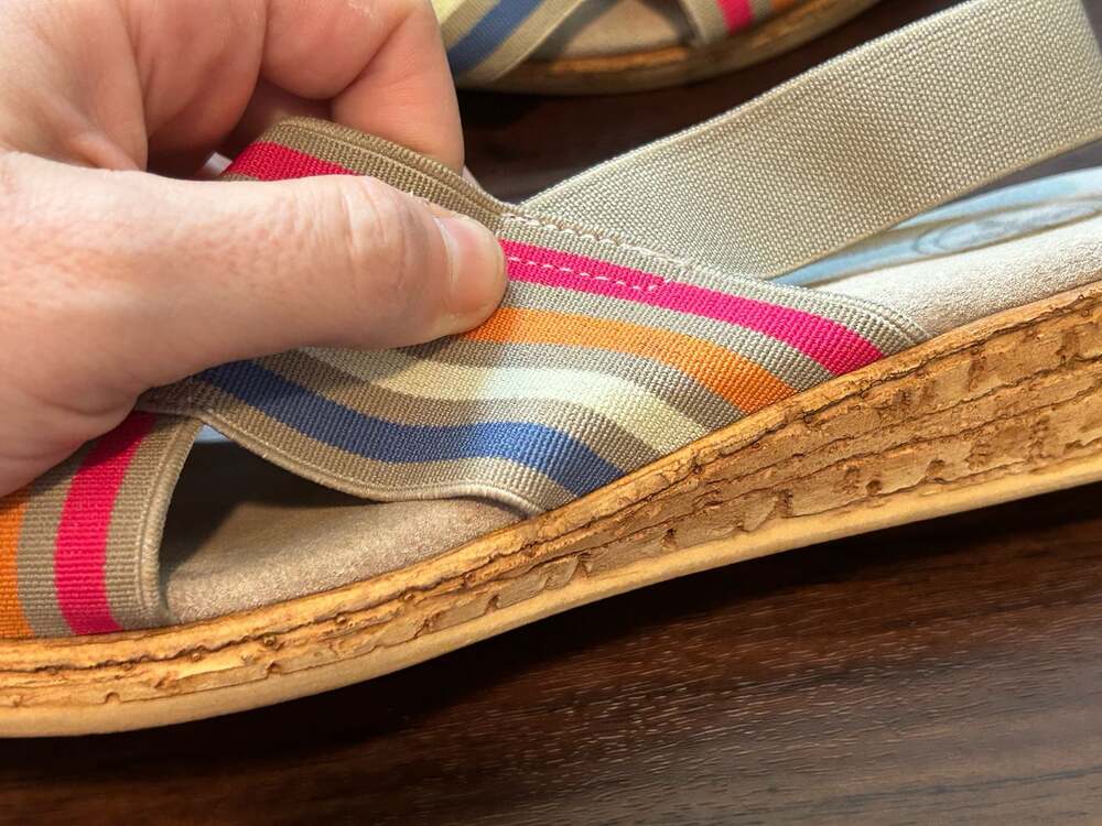 Charleston Shoe Co. Atlantic Stripe Elastic Cross-Strap Wedge Sandals Resort - Picture 12 of 15
